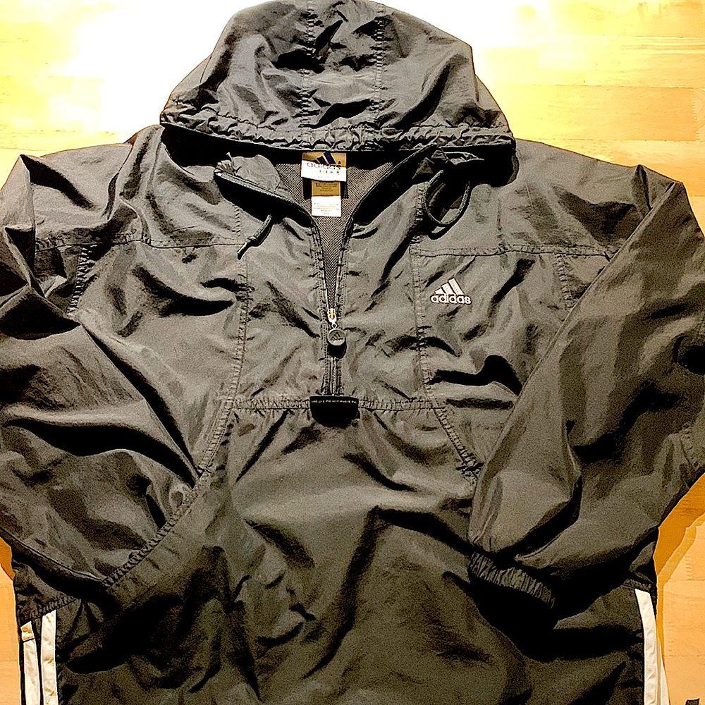 Vintage black Adidas white 3-stripe hooded kanga pocket windbreaker, Size L